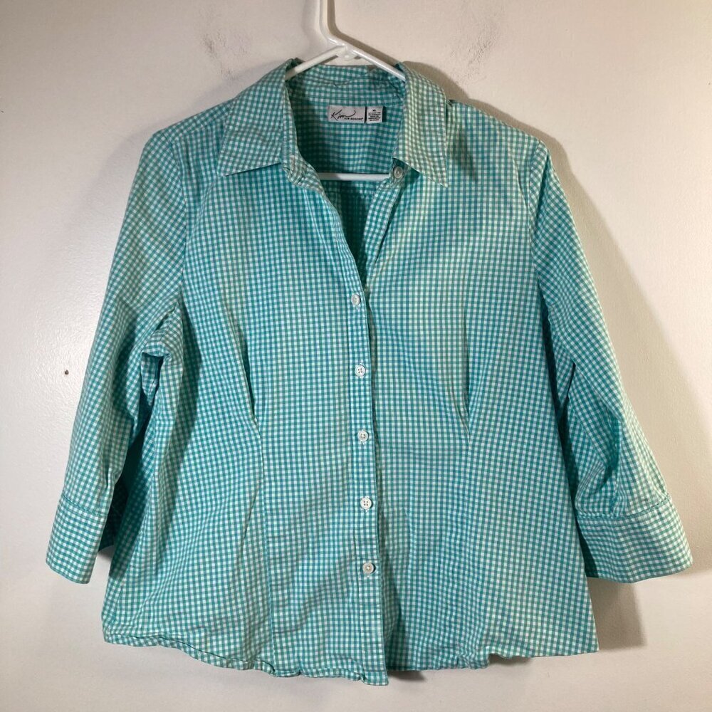 Womens Kim Rogers Gingham Shirt 3/4 Sleeve Green White XL Cotton Spandex